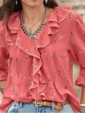 Sundance Coral Ruffle V-Neck Pintuck Blouse Small